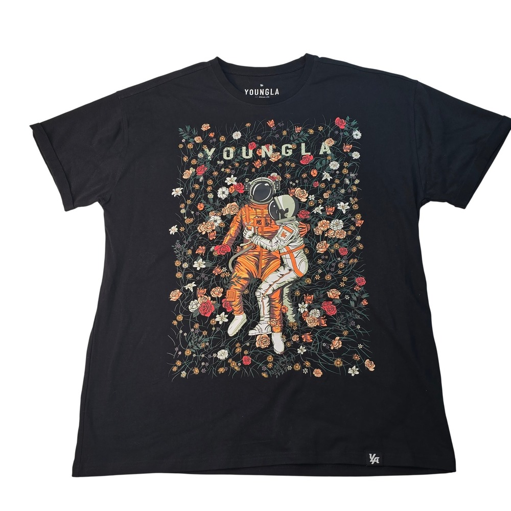 YoungLA Mens Astronaut Floral Graphic‎ Tee Black Large Short Sleeve Streetwear